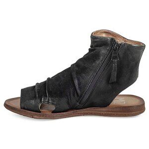 Miz Mooz New York Black Leather Open Toe Ankle Wedge Shoe Size 37